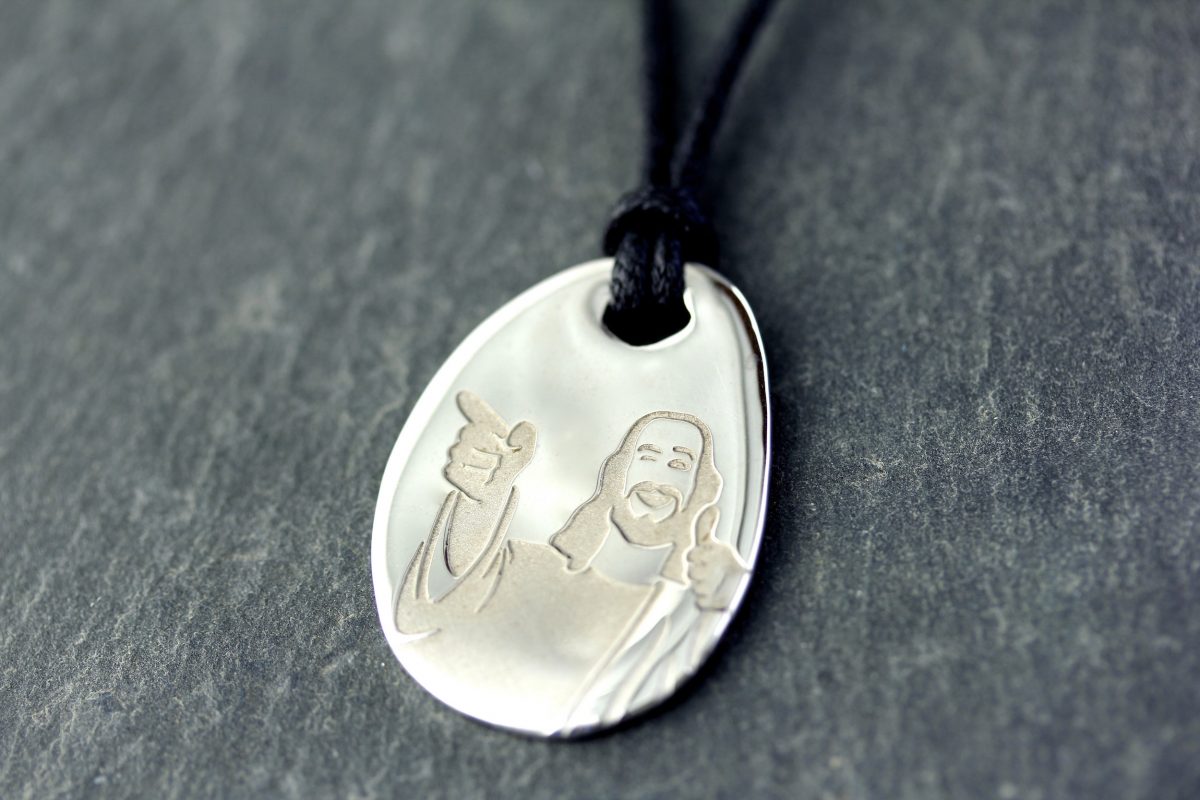 Médaille "Funky Jesus", argent, gravure de votre dessin ou écriture perso